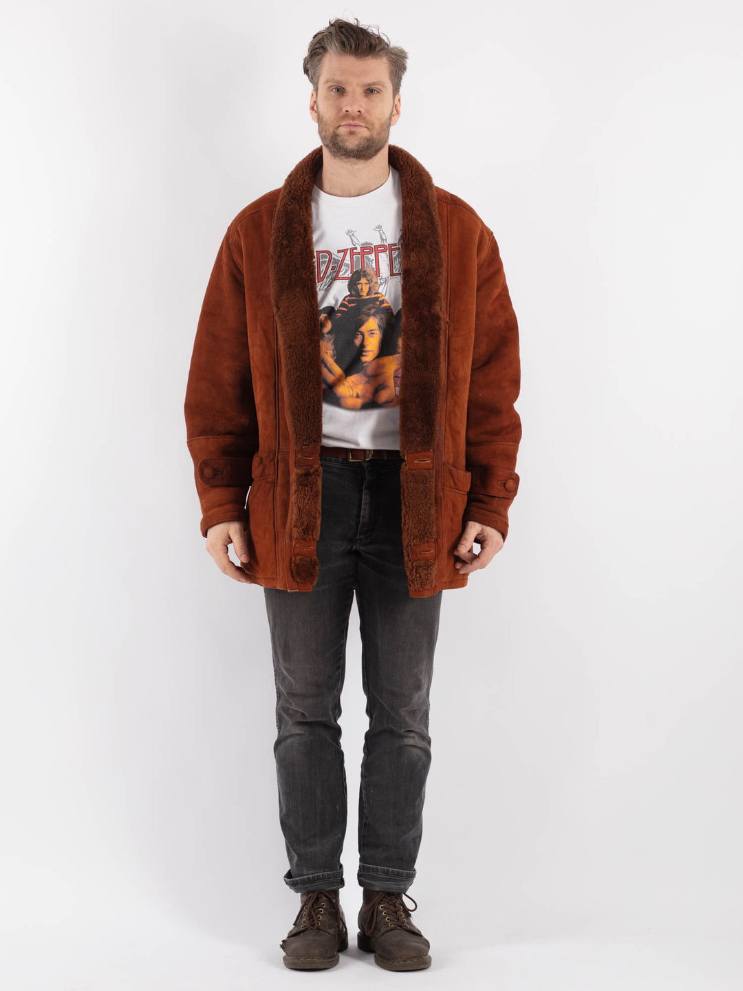 Vintage 90's Men Sheepskin Shearling Coat in Brown