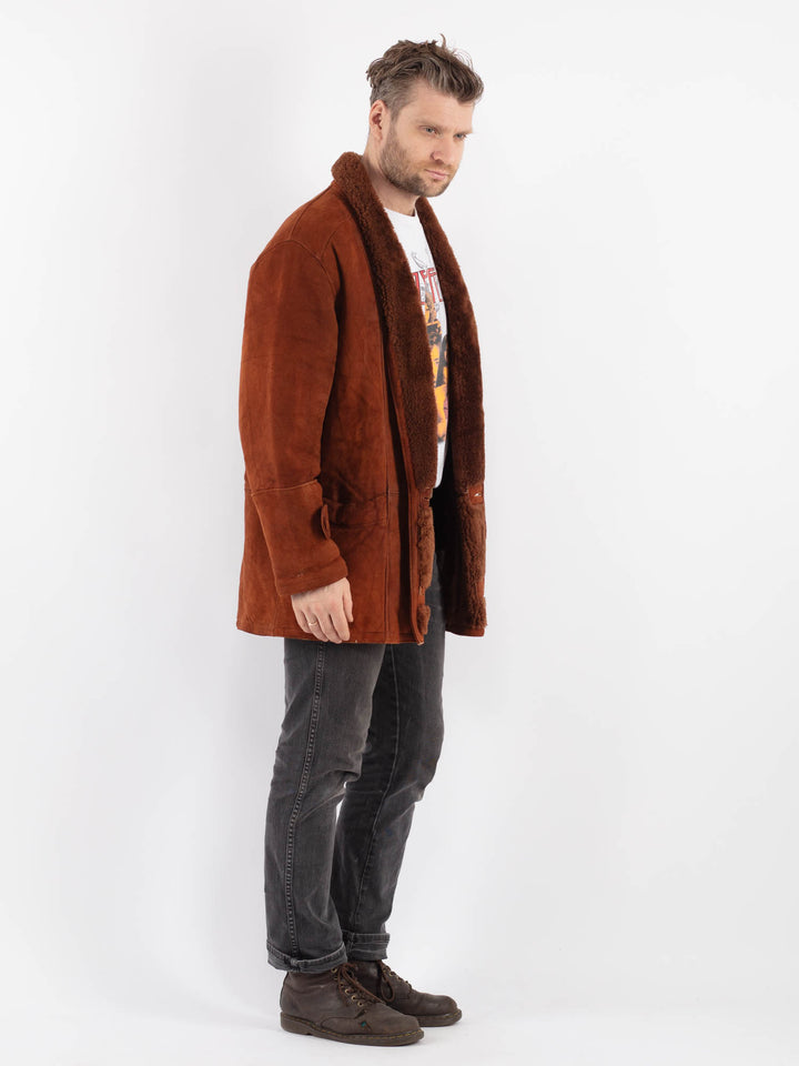 Vintage 90's Men Sheepskin Shearling Coat in Brown