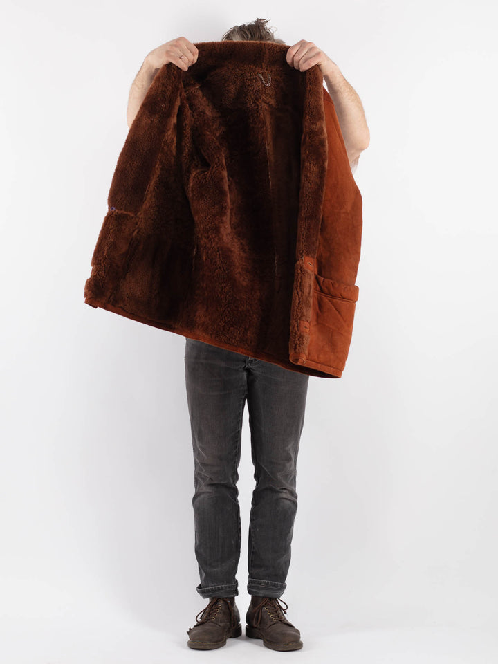 Vintage 90's Men Sheepskin Shearling Coat in Brown