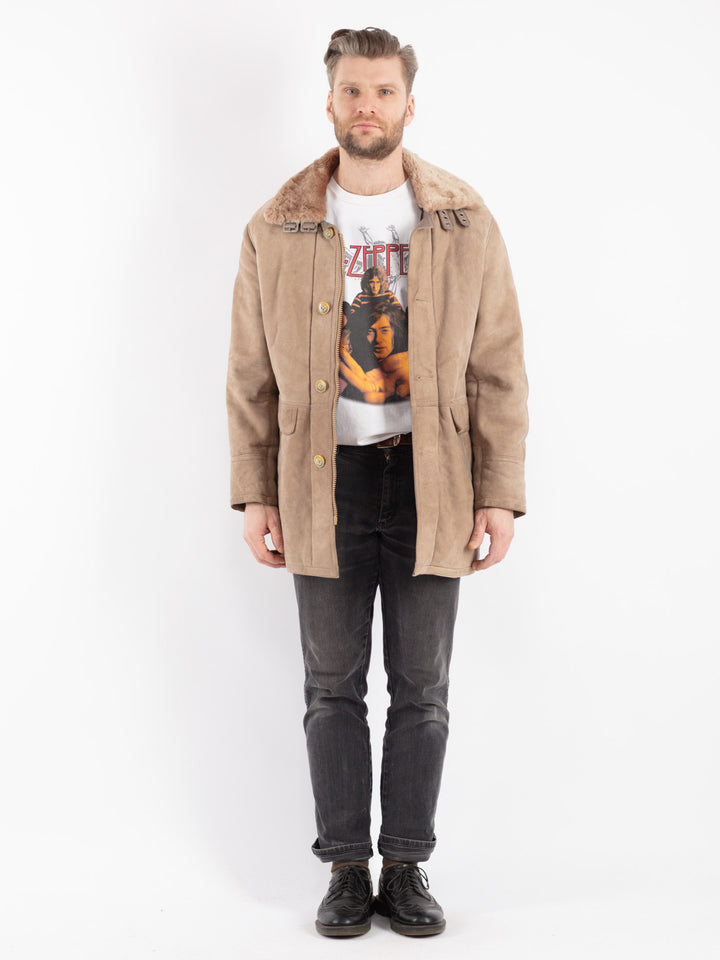 Vintage 90's Men Sheepskin Coat in Beige