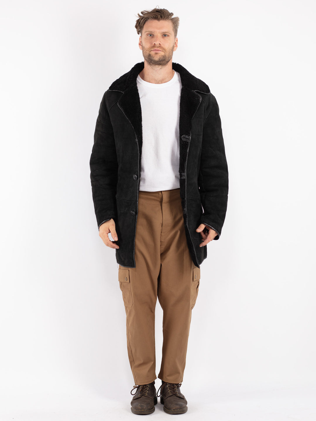 Vintage Men Sheepskin Coat in Black