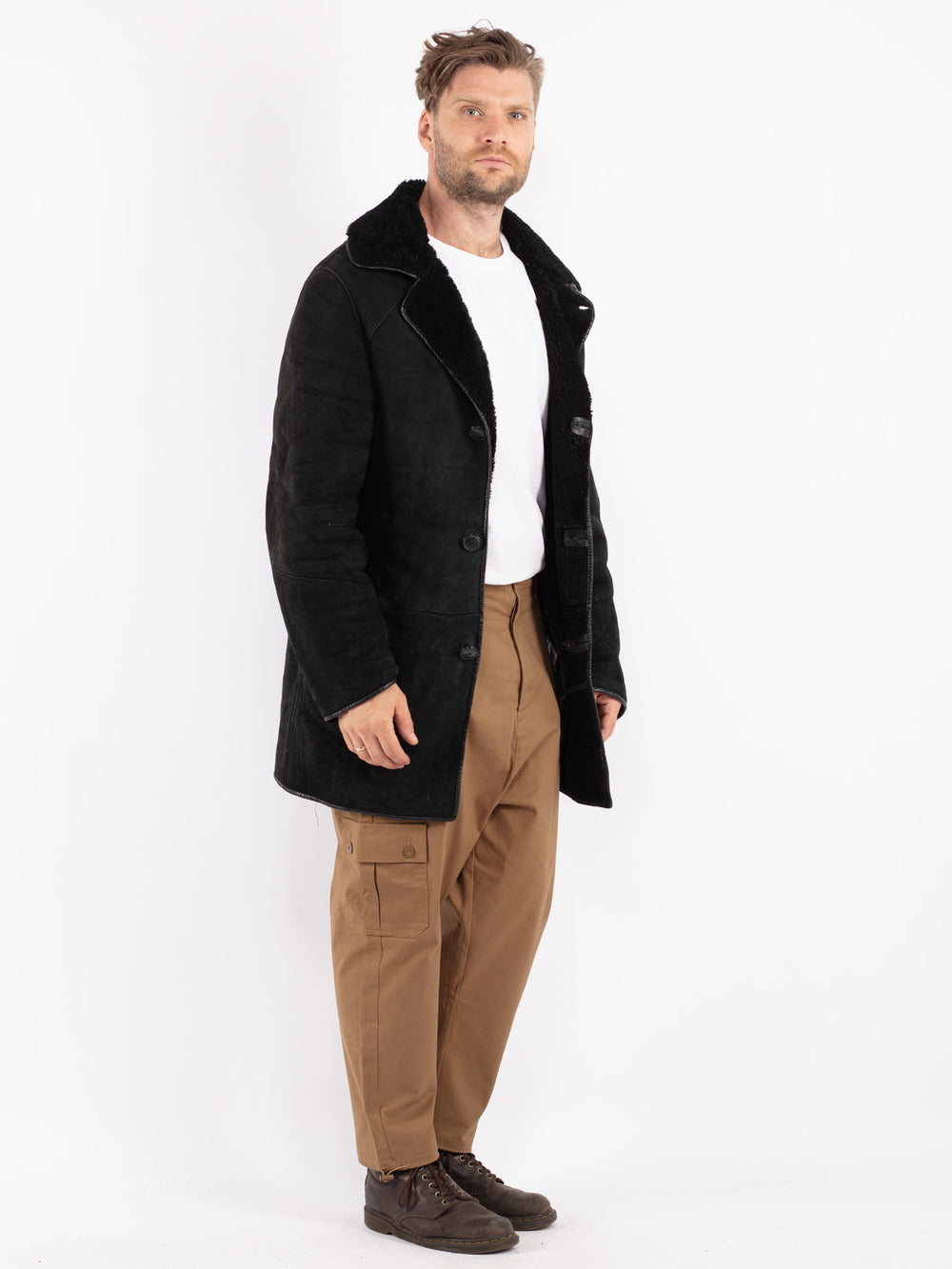 Vintage Men Sheepskin Coat in Black