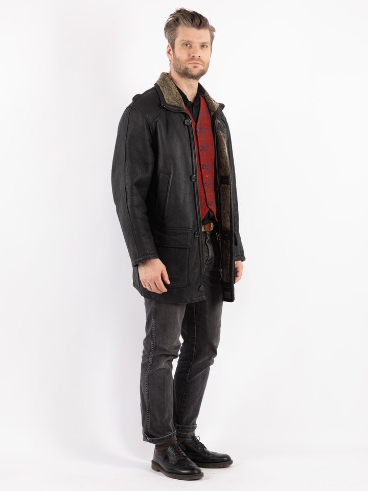 Vintage 90's Men Sheepskin Coat in Black