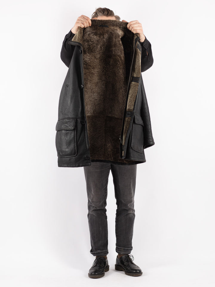 Vintage 90's Men Sheepskin Coat in Black