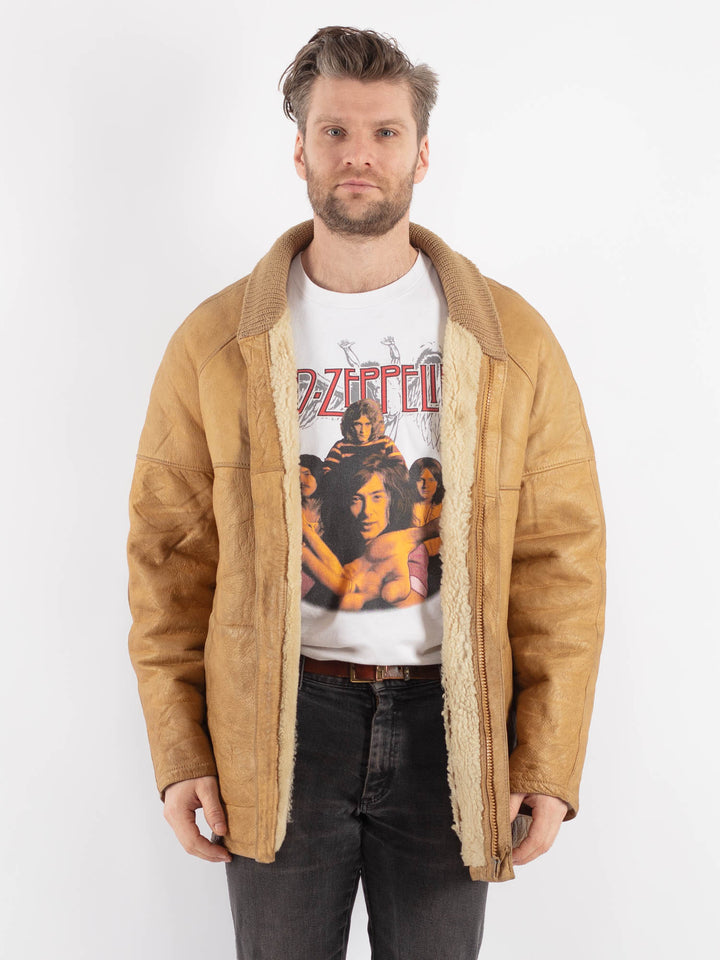 Vintage 90's Men Sheepskin Coat in Beige