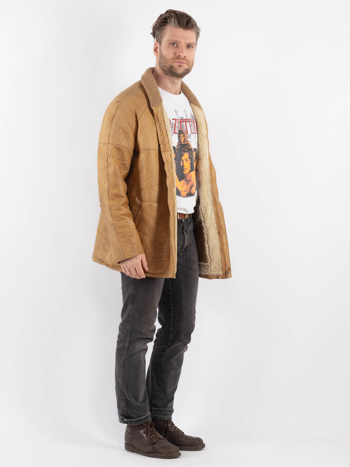 Vintage 90's Men Sheepskin Coat in Beige