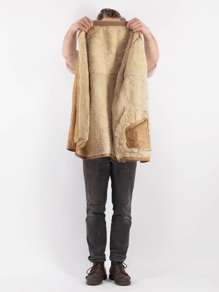 Vintage 90's Men Sheepskin Coat in Beige