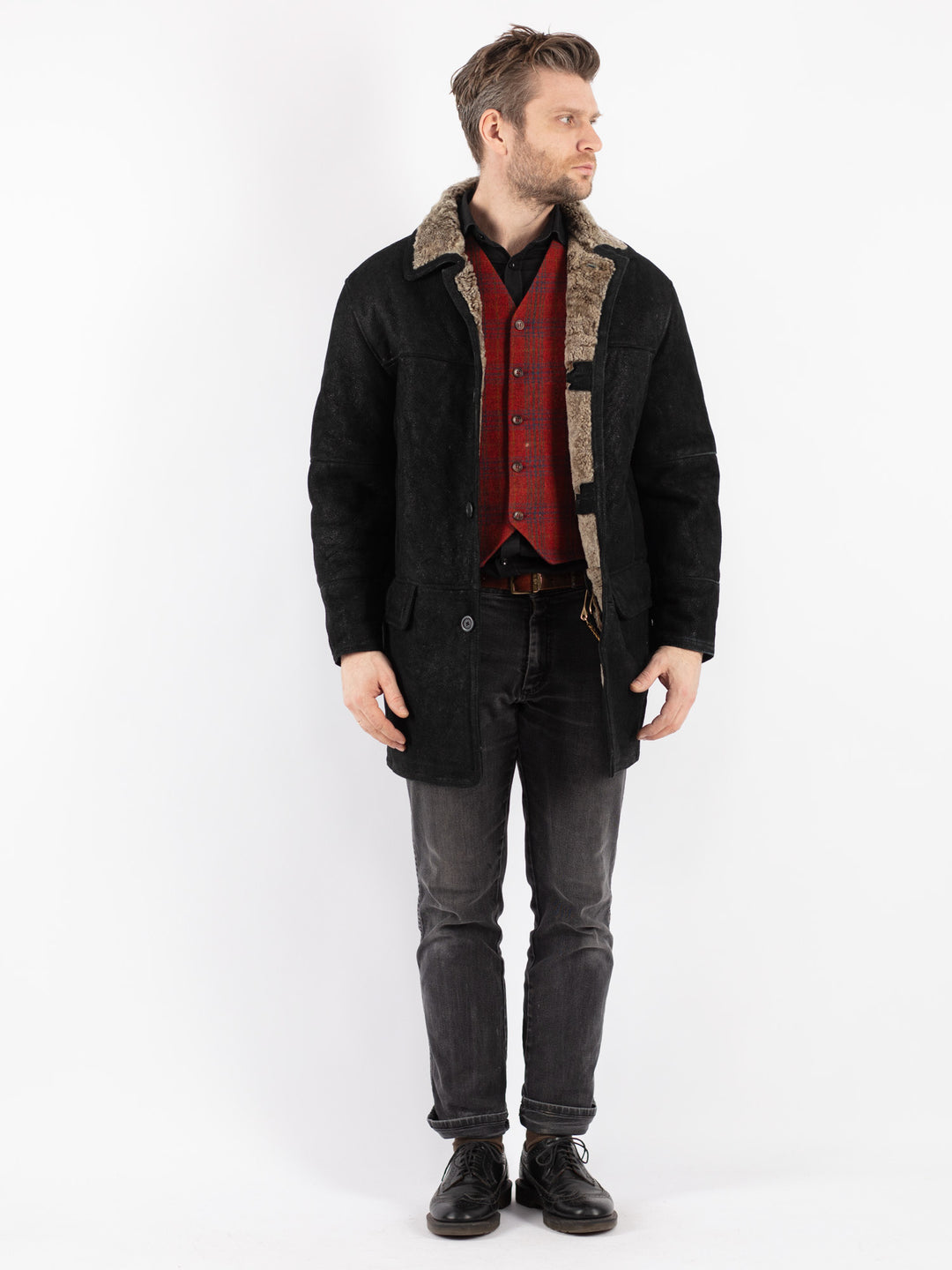 Vintage 90's Men Sheepskin Coat in Black