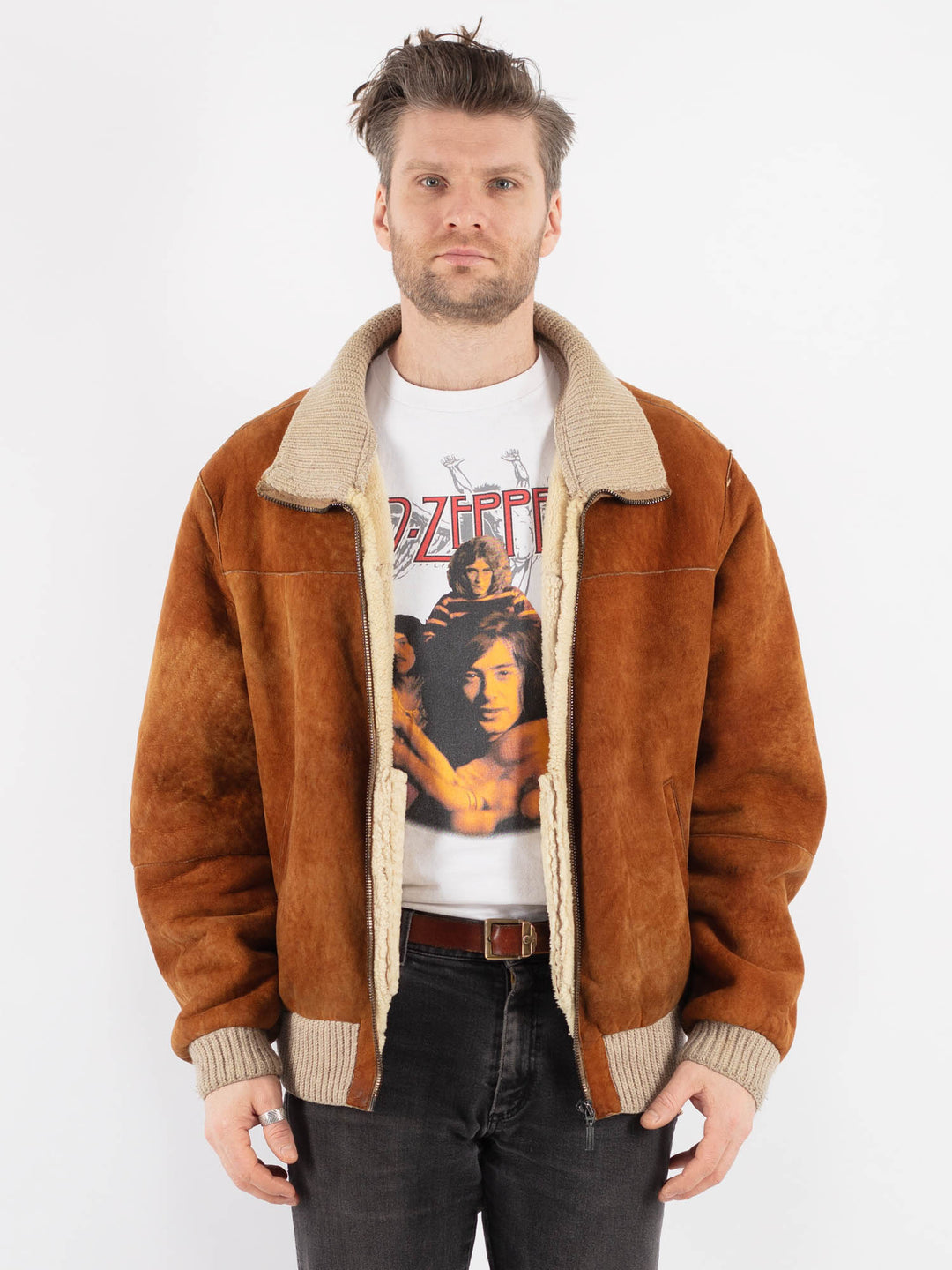 Vintage 90's Men Sheepskin Bomber Jacket in Brown - NorthernGrip