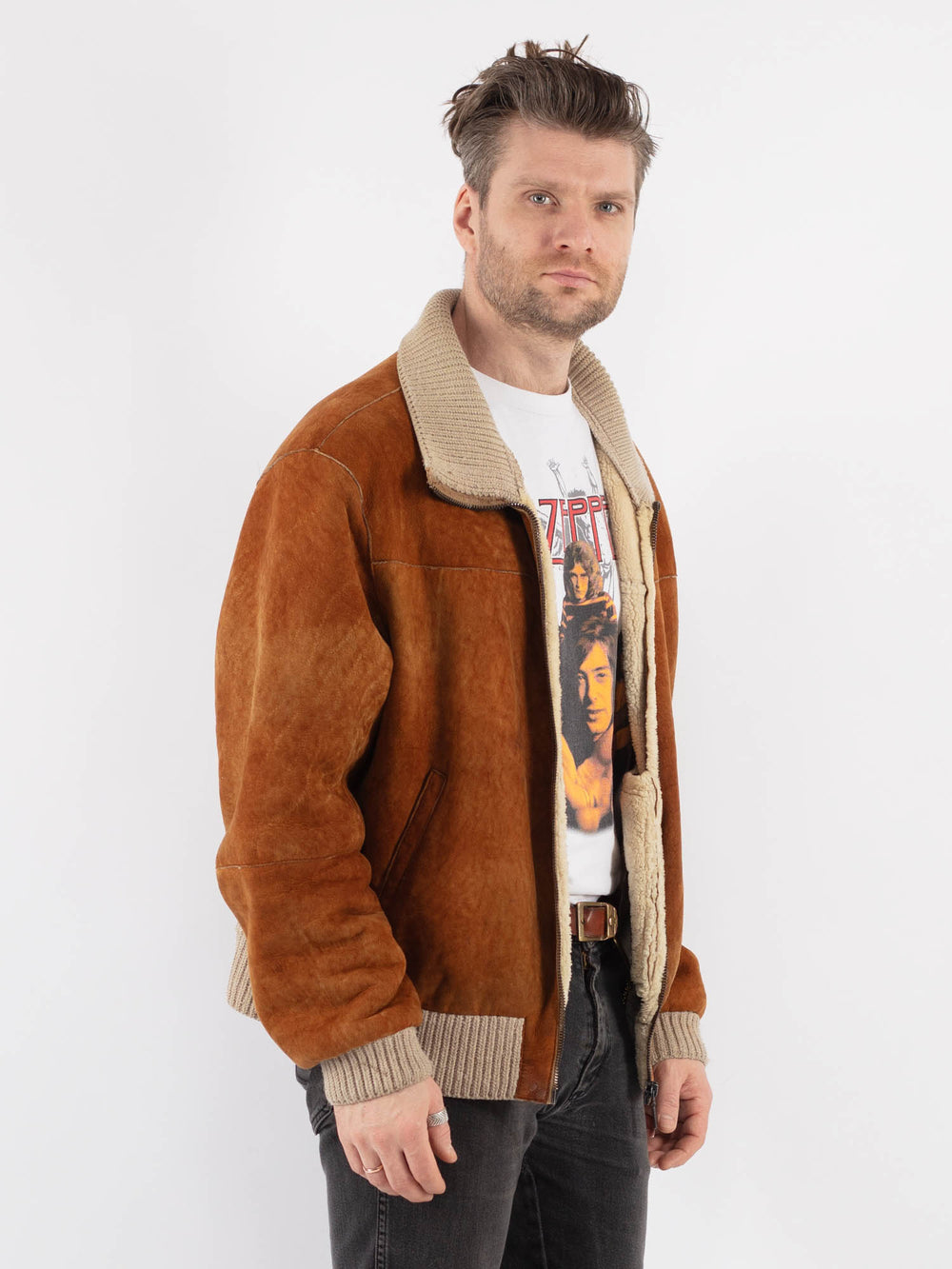 Vintage 90's Men Sheepskin Bomber Jacket in Brown - NorthernGrip