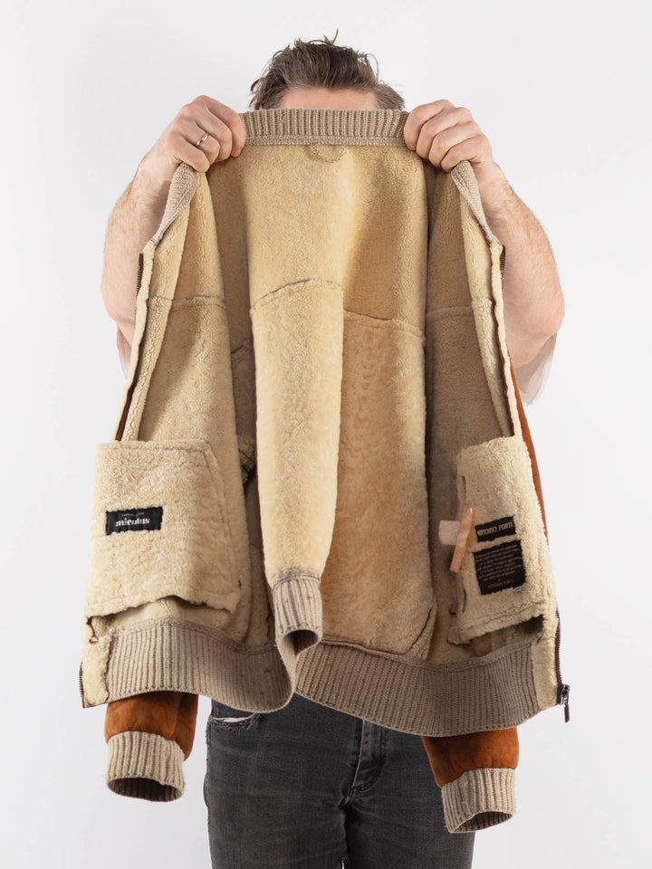Vintage 90's Men Sheepskin Bomber Jacket in Brown - NorthernGrip