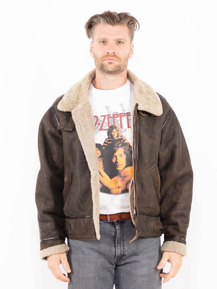 Vintage 90's Men B-3 Style Sheepskin Jacket in Brown