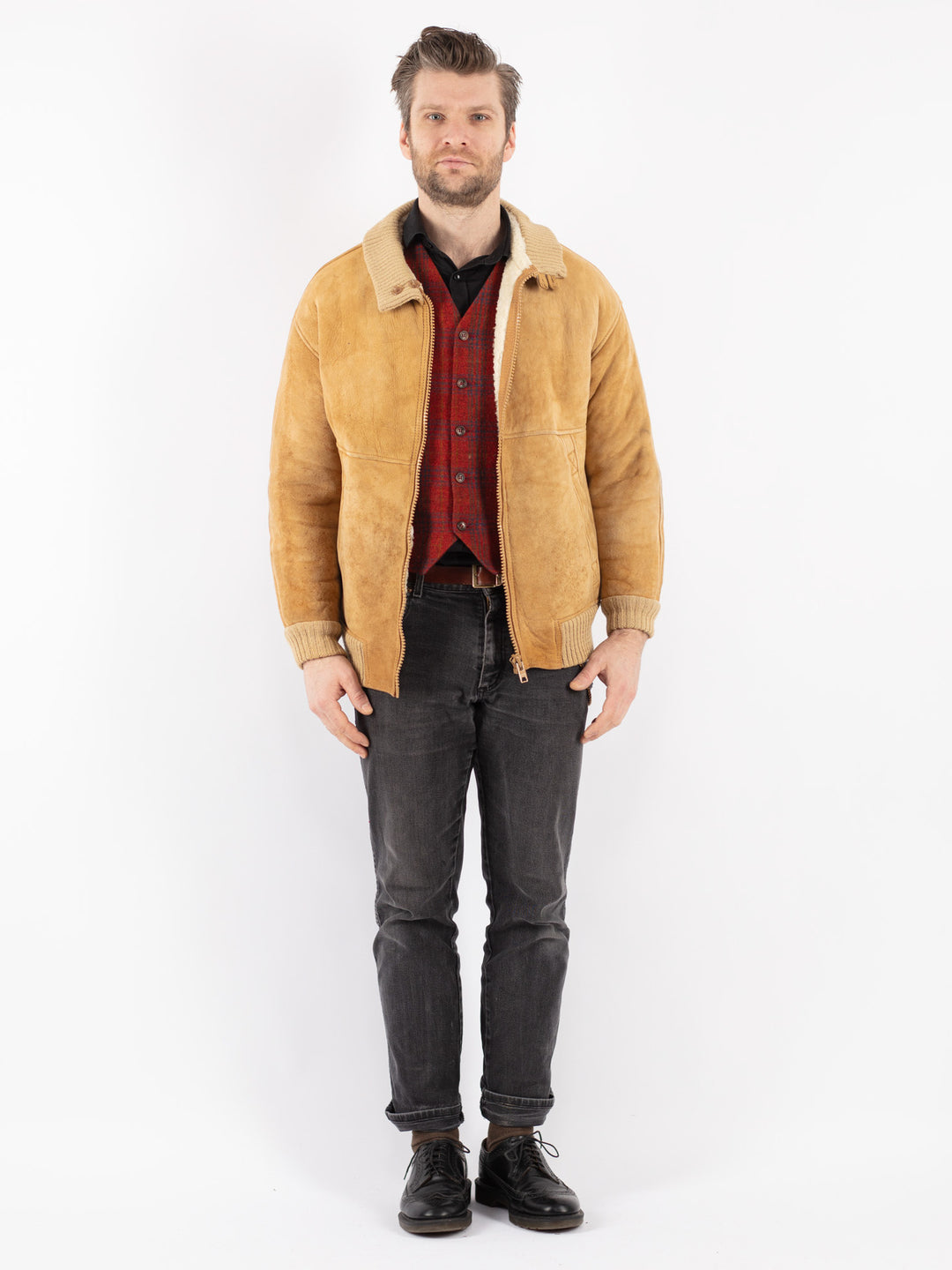 Vintage 90's Men Sheepskin Jacket in Beige