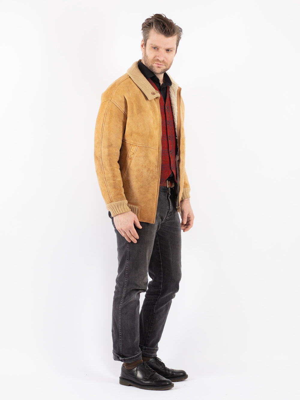 Vintage 90's Men Sheepskin Jacket in Beige