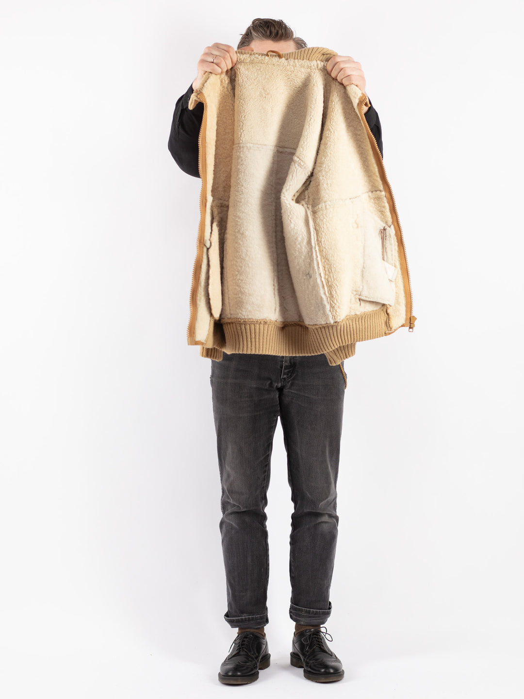 Vintage 90's Men Sheepskin Jacket in Beige