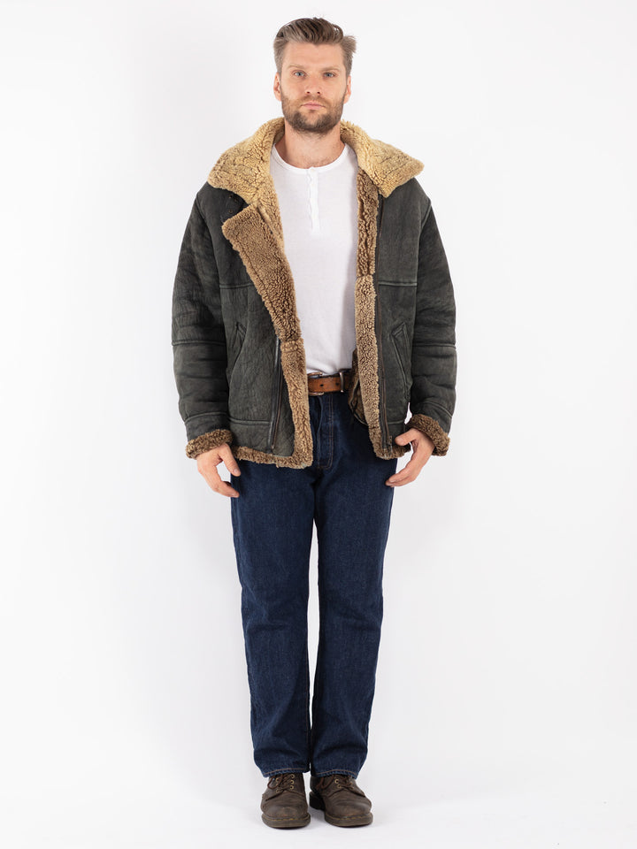 Vintage Men Sheepskin Jacket in Black