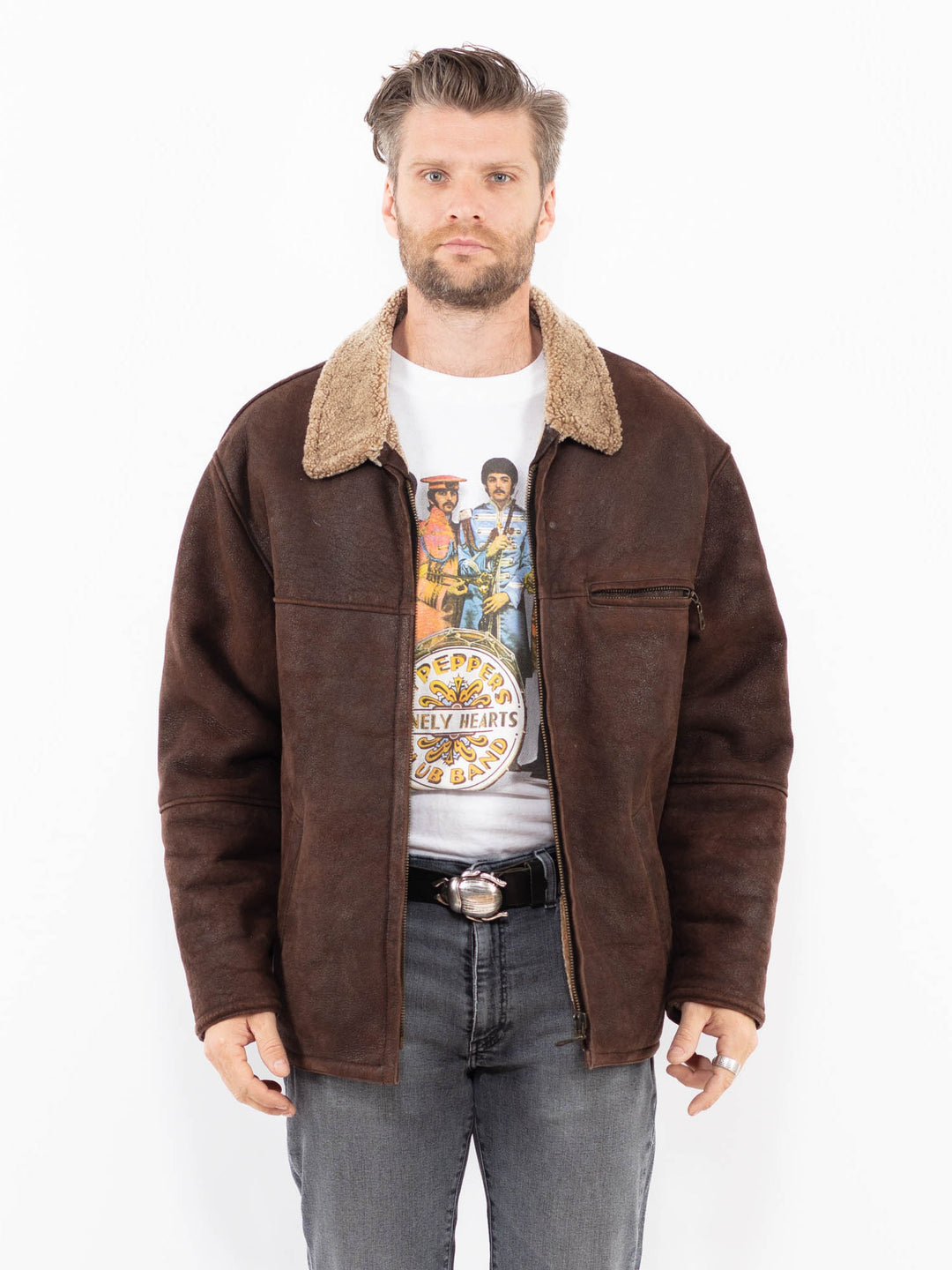 Vintage 90's Men Sheepskin Jacket in BrownZ1940