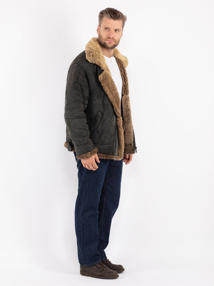 Vintage Men Sheepskin Jacket in Black