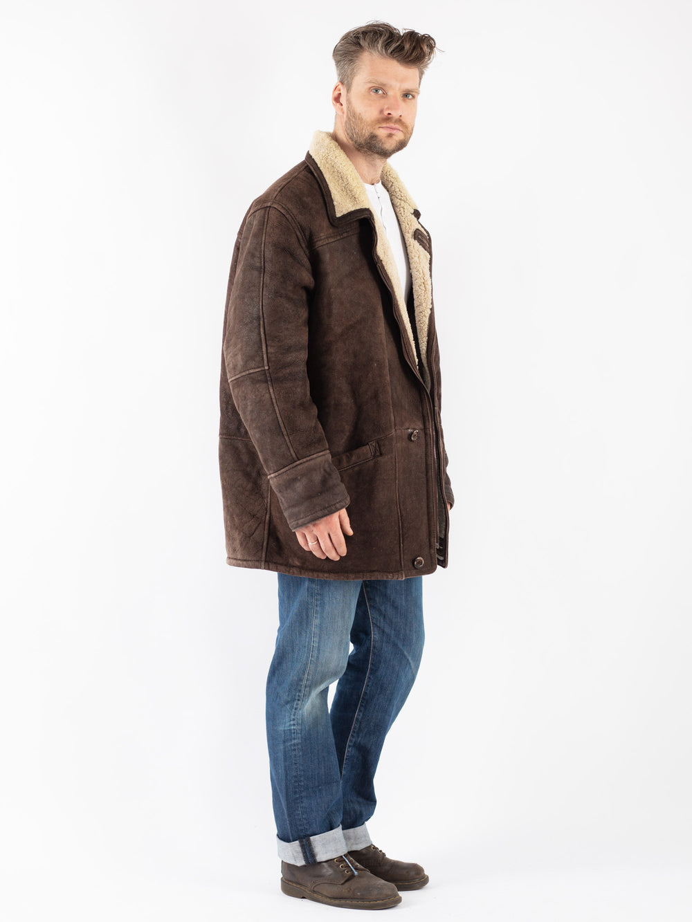 Vintage 90's Men Sheepskin Coat in Brown