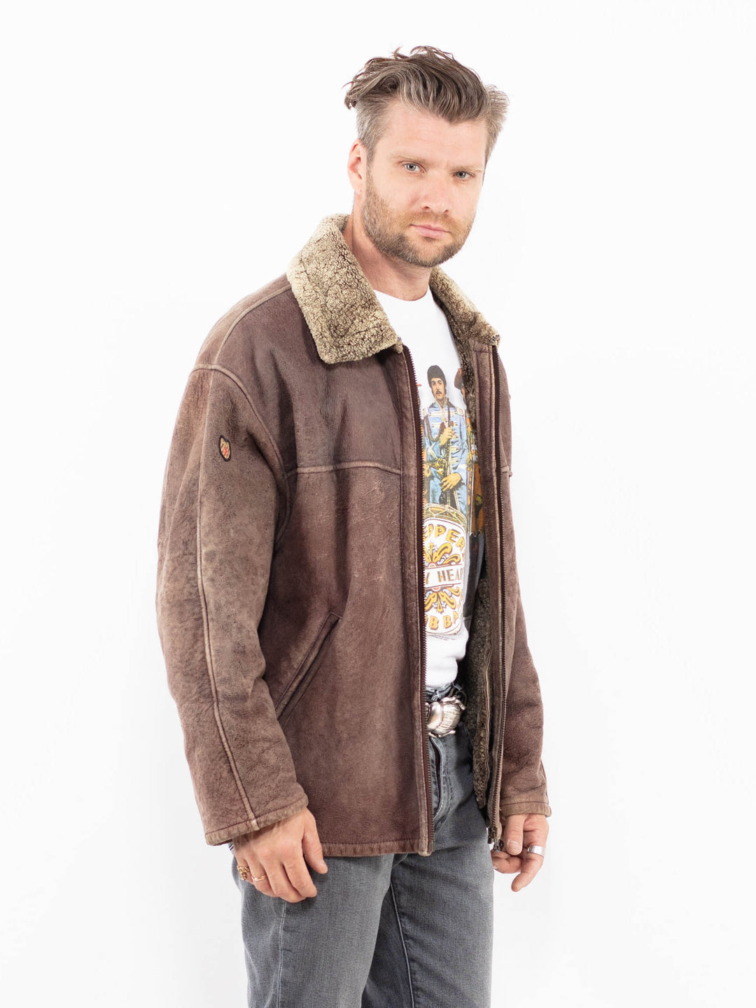 Vintage 90's Men Sheepskin Shearling Jacket in BrownZ1950