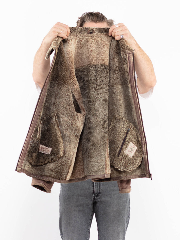 Vintage 90's Men Sheepskin Shearling Jacket in BrownZ1950