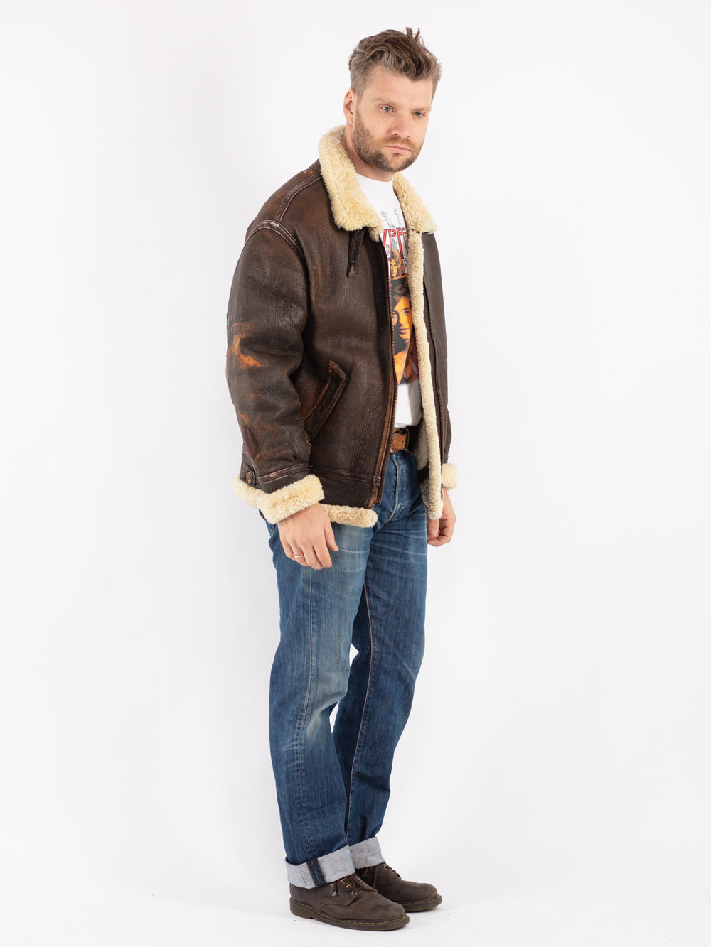 Vintage 90's Men Sheepskin Jacket in Brown