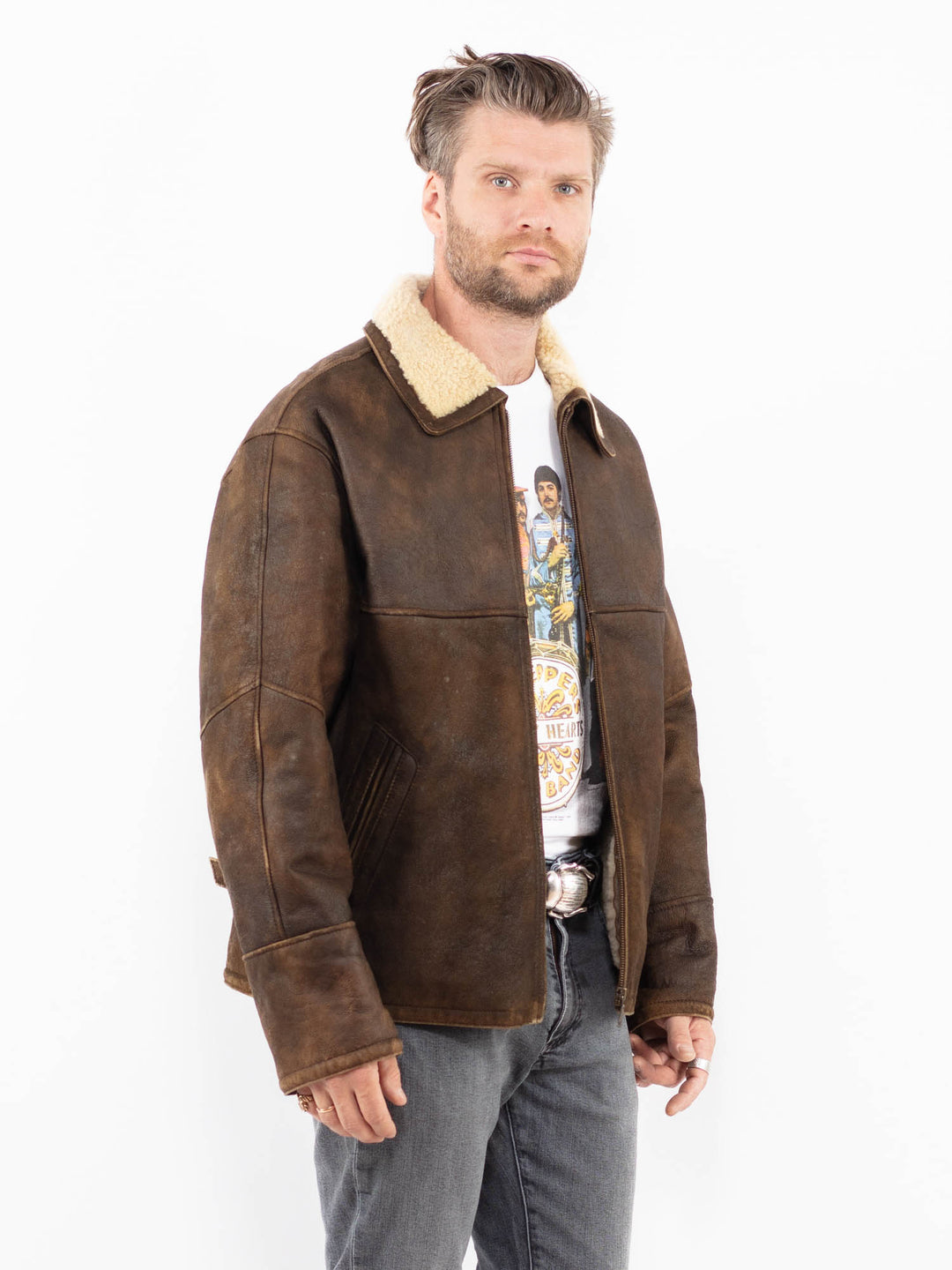 Vintage 90's Men Sheepskin Jacket in BrownZ1962