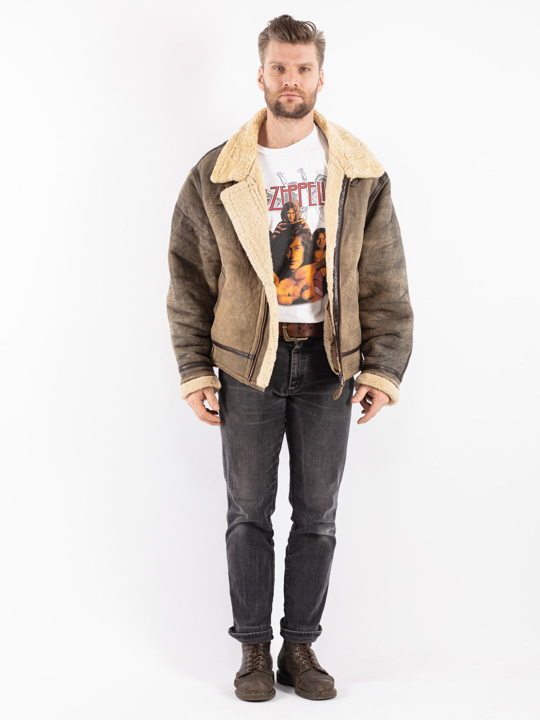 Vintage 90's Men Sheepskin Jacket in Beige