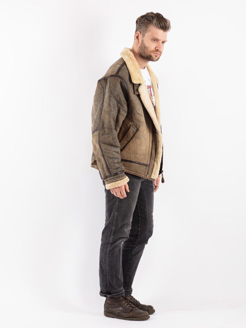 Vintage 90's Men Sheepskin Jacket in Beige