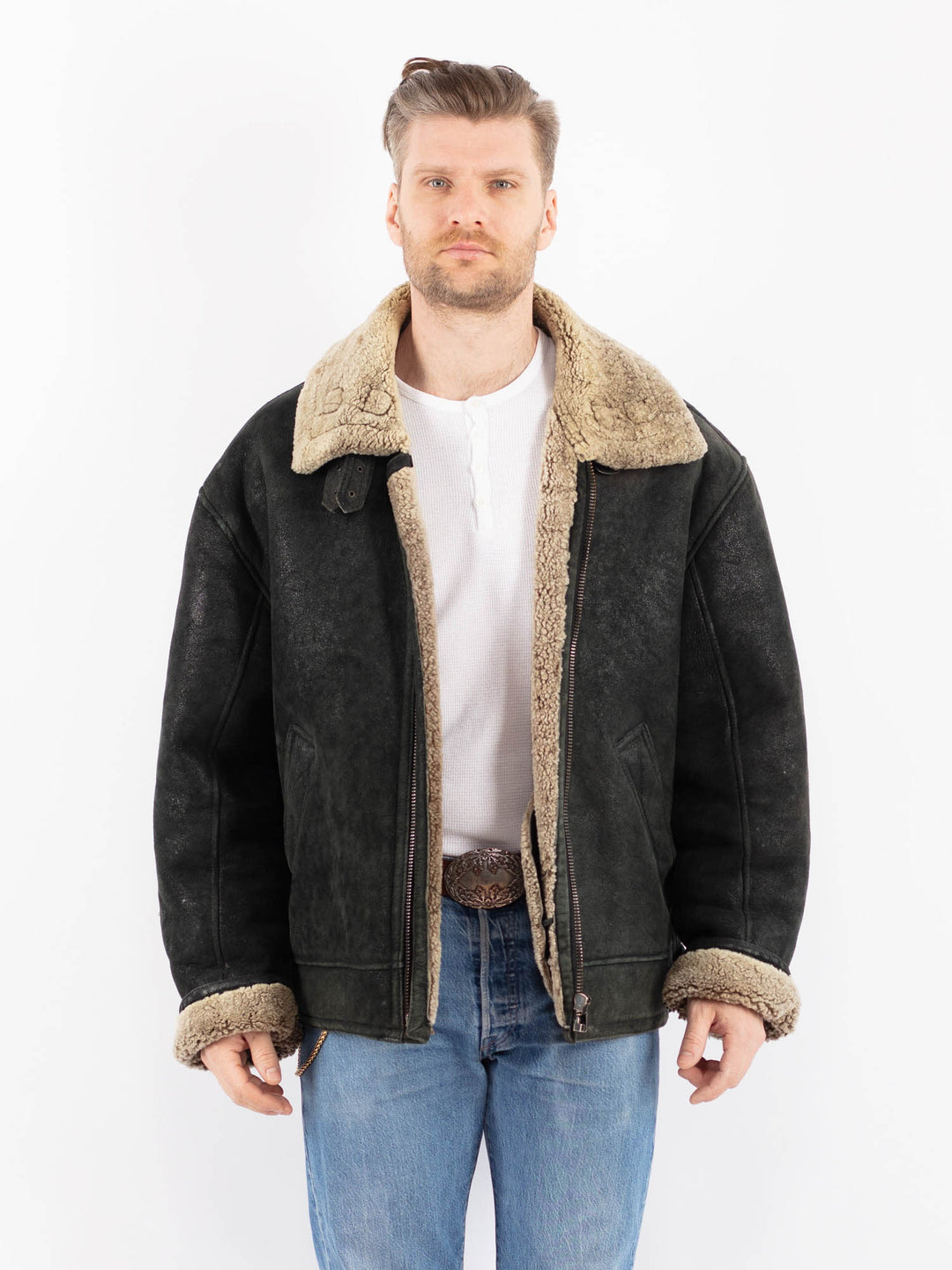 Vintage 90's Men Sheepskin Jacket in BlackZ1426