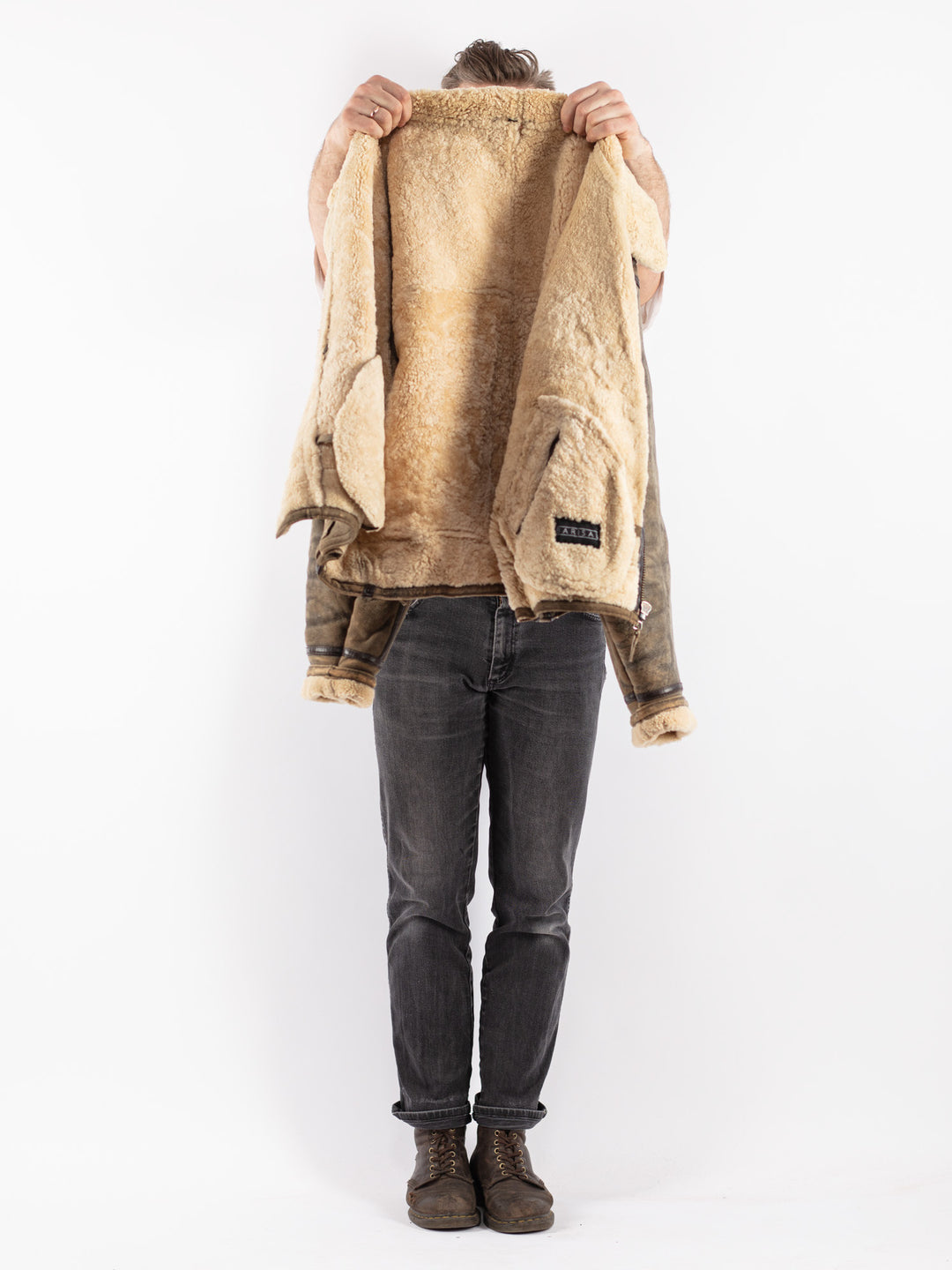Vintage 90's Men Sheepskin Jacket in Beige