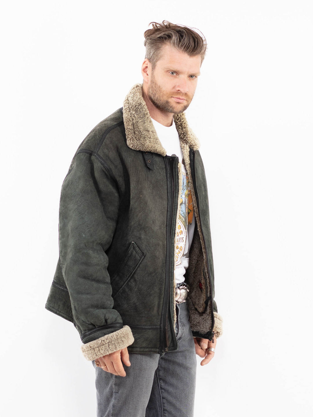 Vintage 90's Men Sheepskin Jacket in GrayZ1964