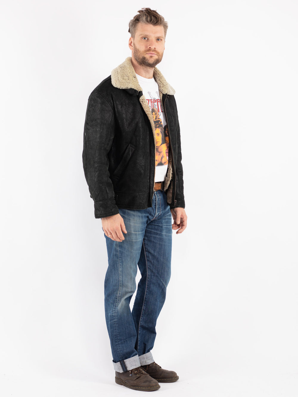 Vintage Men Sheepskin Jacket in Black