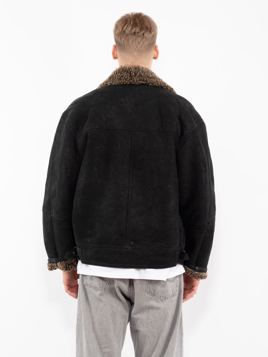 Vintage 90's Men B-3 Style Sheepskin Bomber Jacket in Black