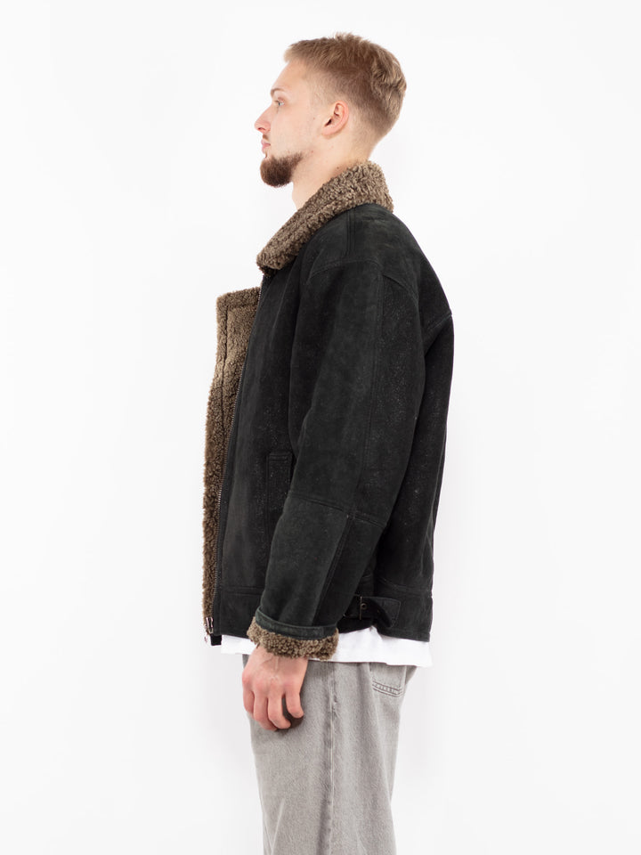 Vintage 90's Men B-3 Style Sheepskin Bomber Jacket in Black