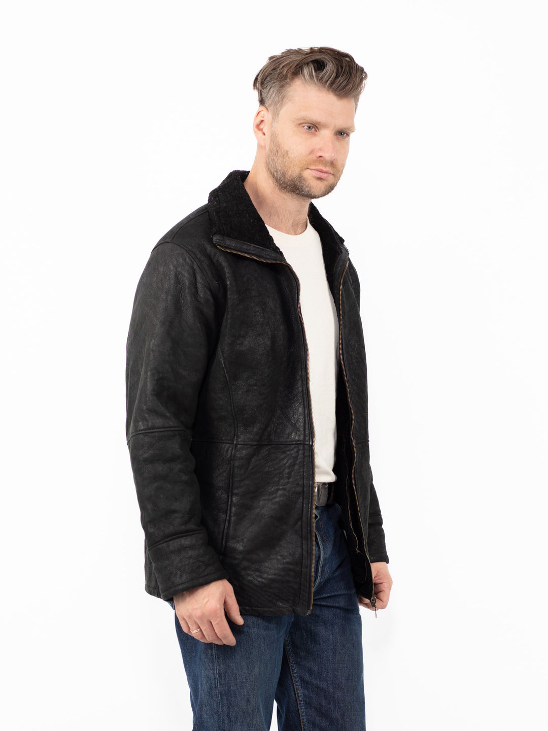 Vintage 90's Men Sheepskin Jacket in Black