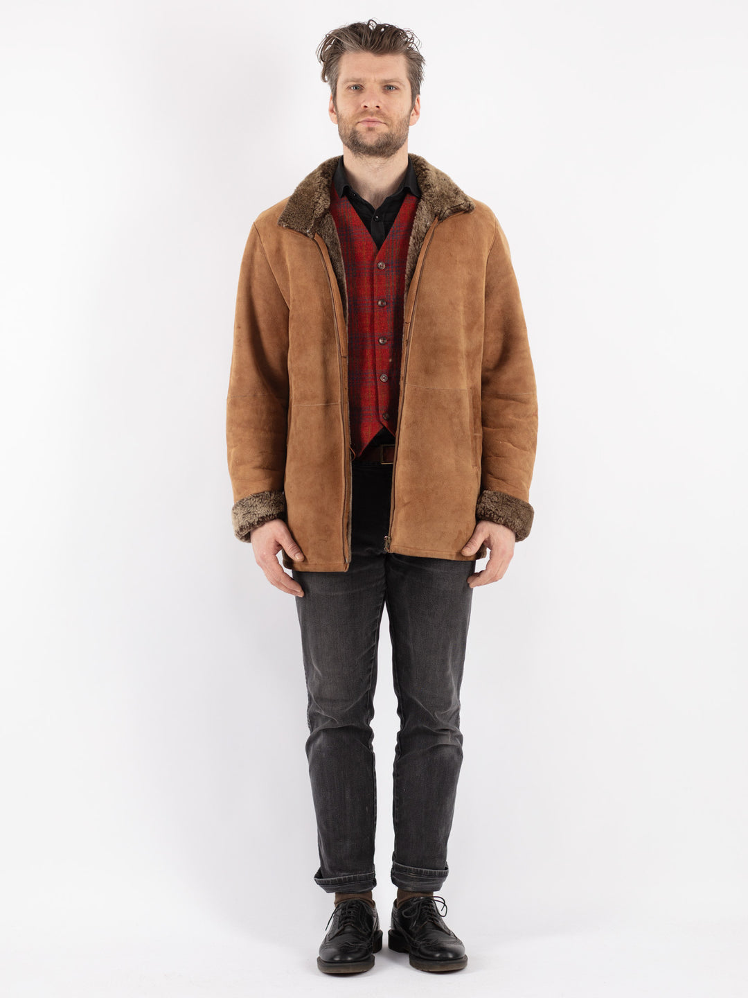 Vintage 90's Men Sheepskin Jacket in Beige