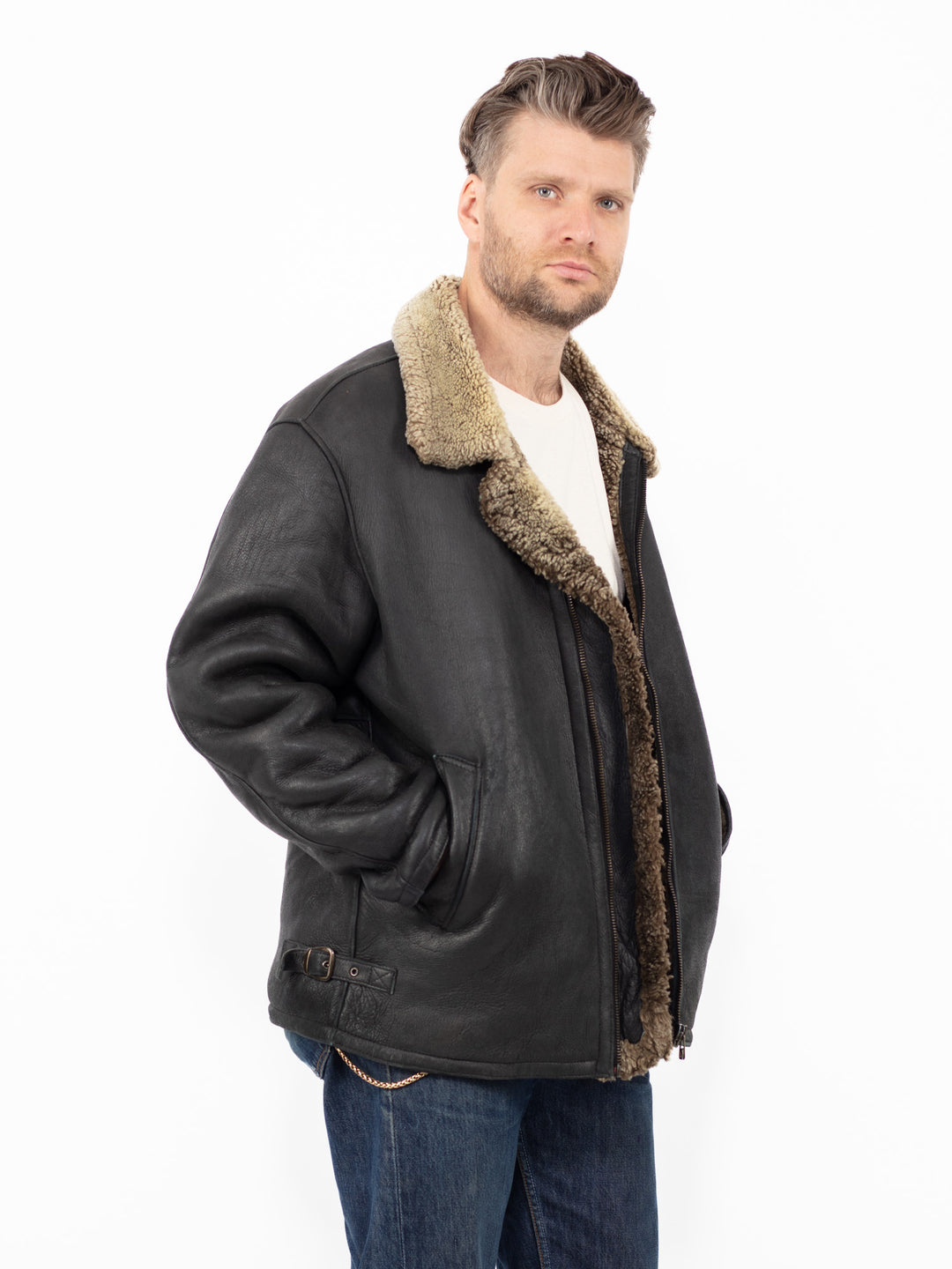 Vintage 90's Men Sheepskin Jacket in Black
