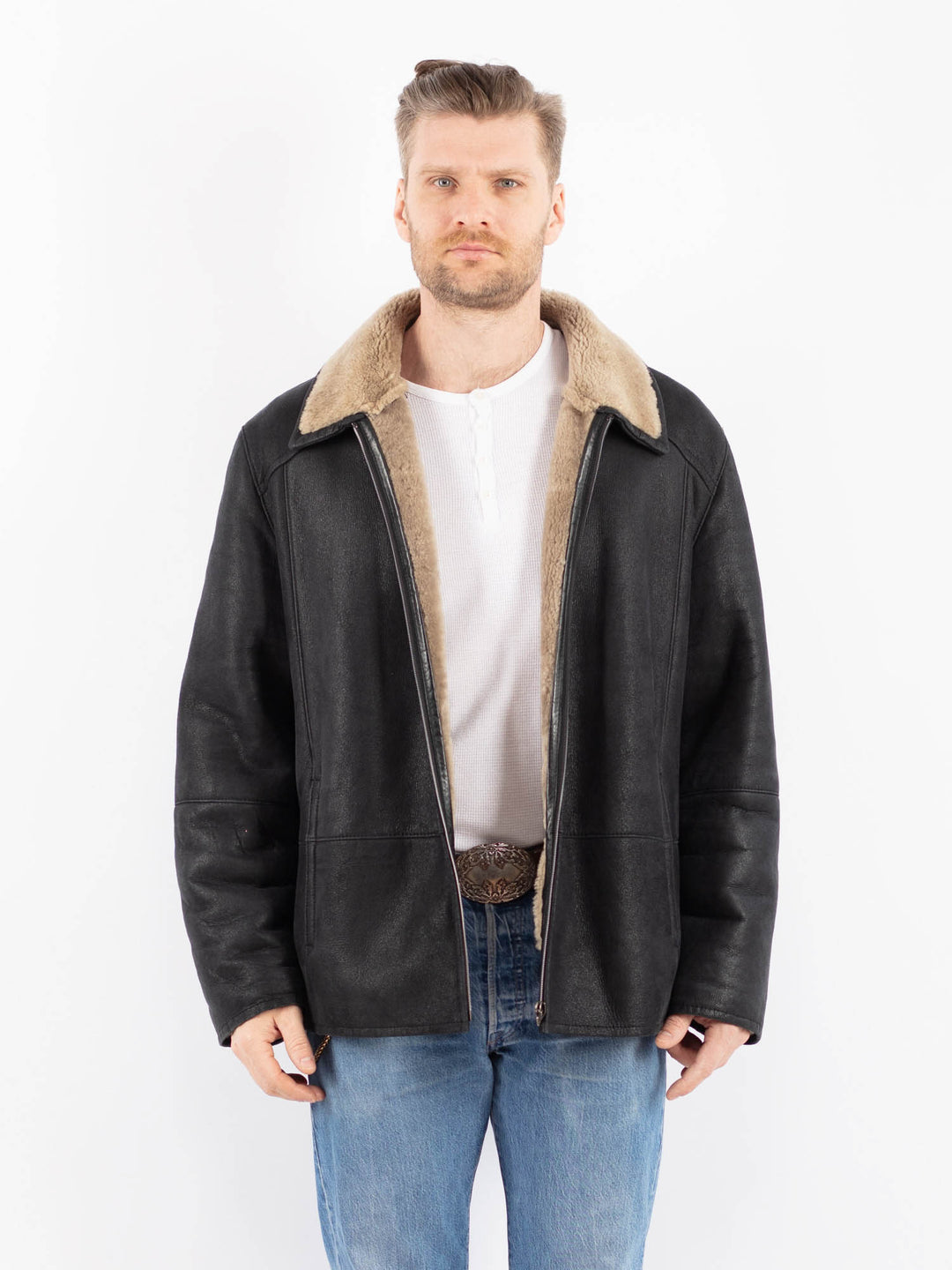 Vintage 90's Men Sheepskin Jacket in BlackZ1455