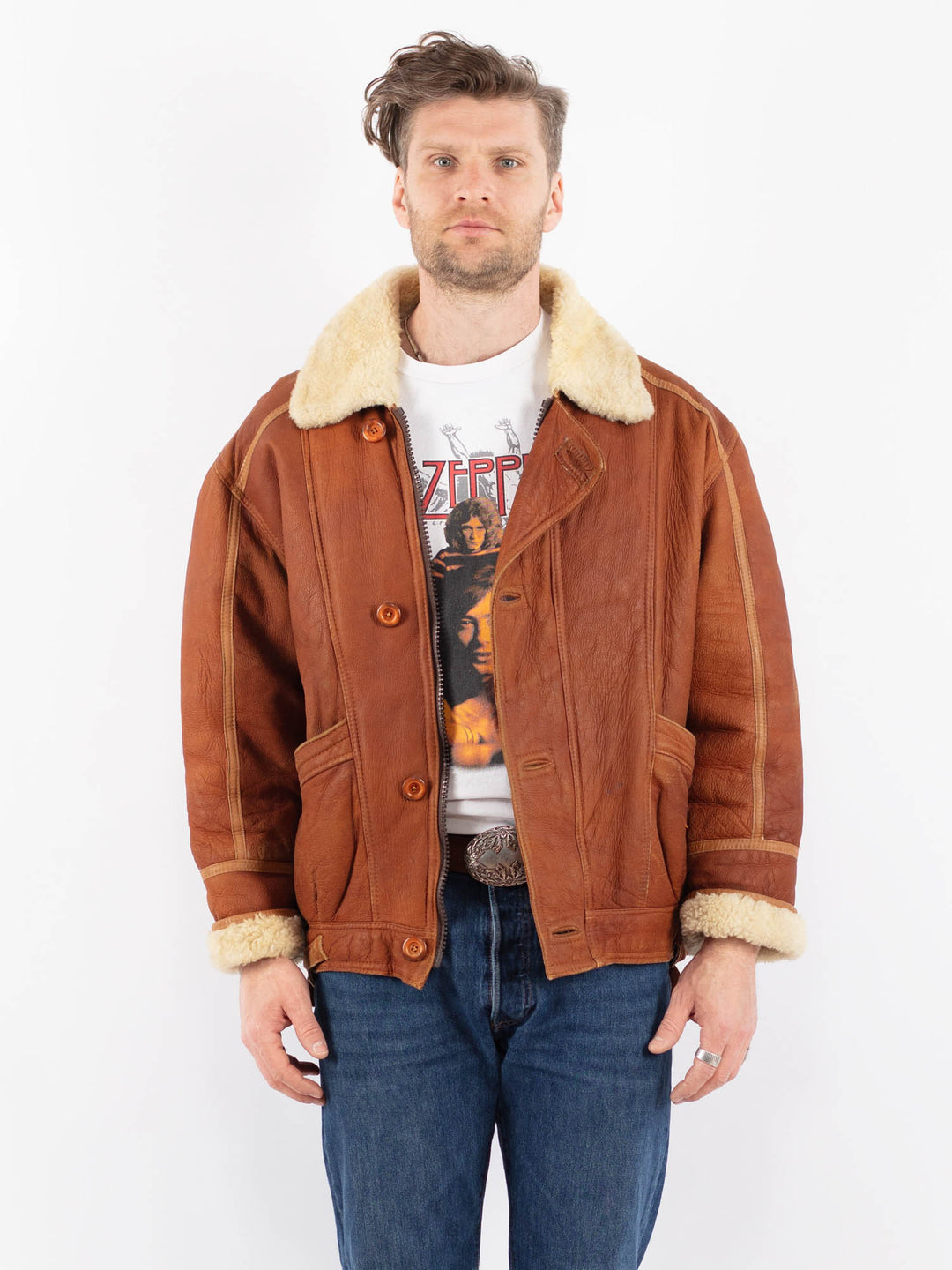 Vintage 90's Men Sheepskin Jacket in BrownZ1563