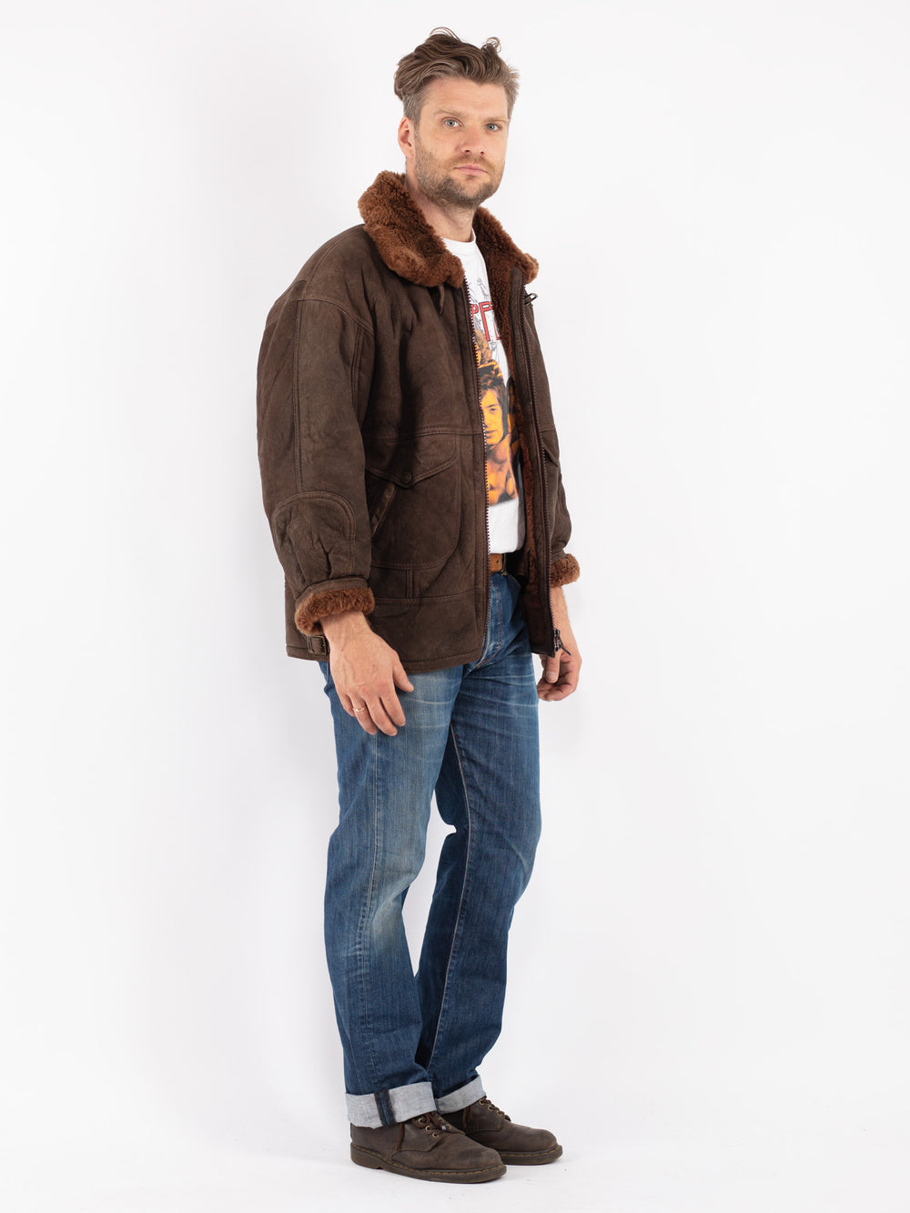 Vintage 90's Men Sheepskin Jacket in Brown