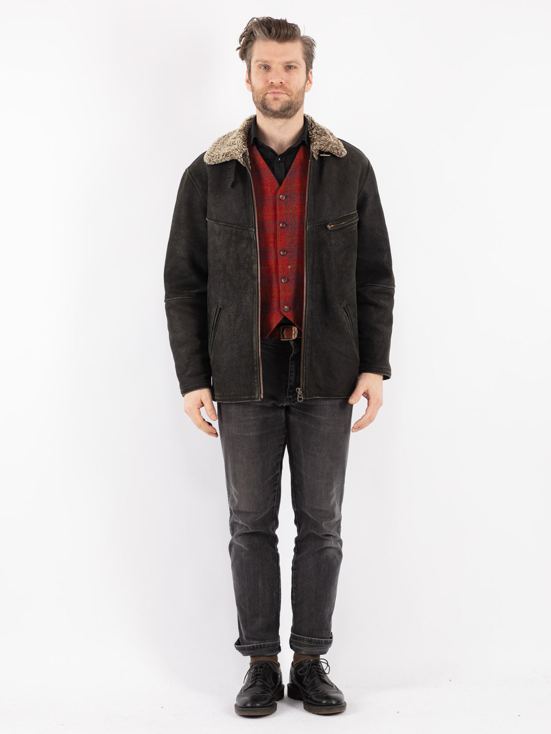 Vintage 90's Men Sheepskin Jacket in Black
