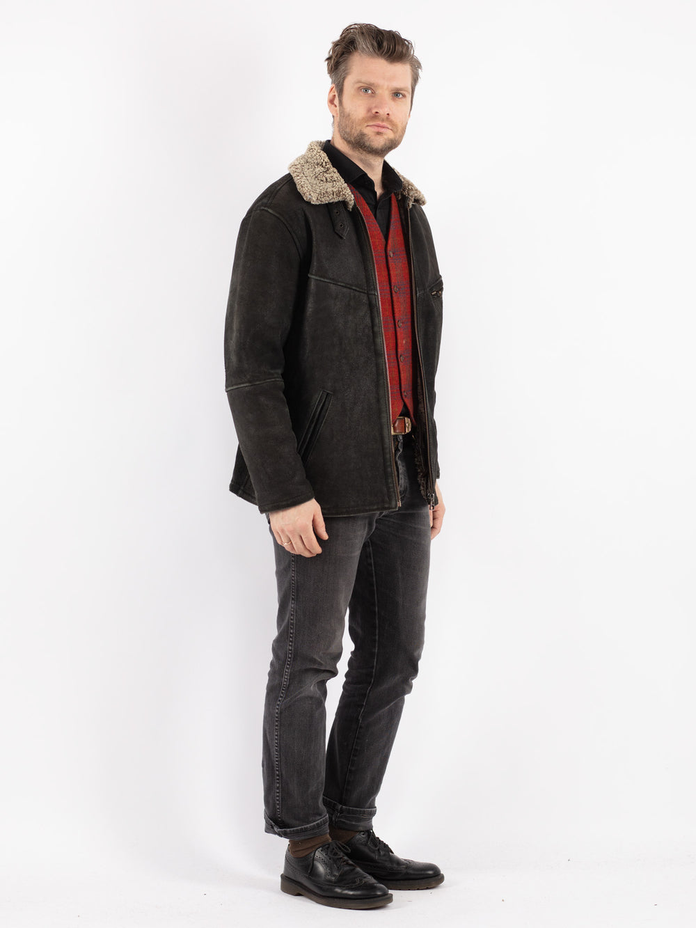 Vintage 90's Men Sheepskin Jacket in Black