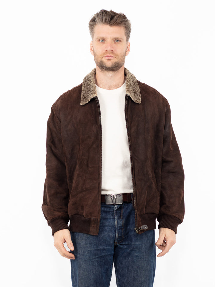 Vintage 90's Men Sheepskin Bomber Jacket in Brown