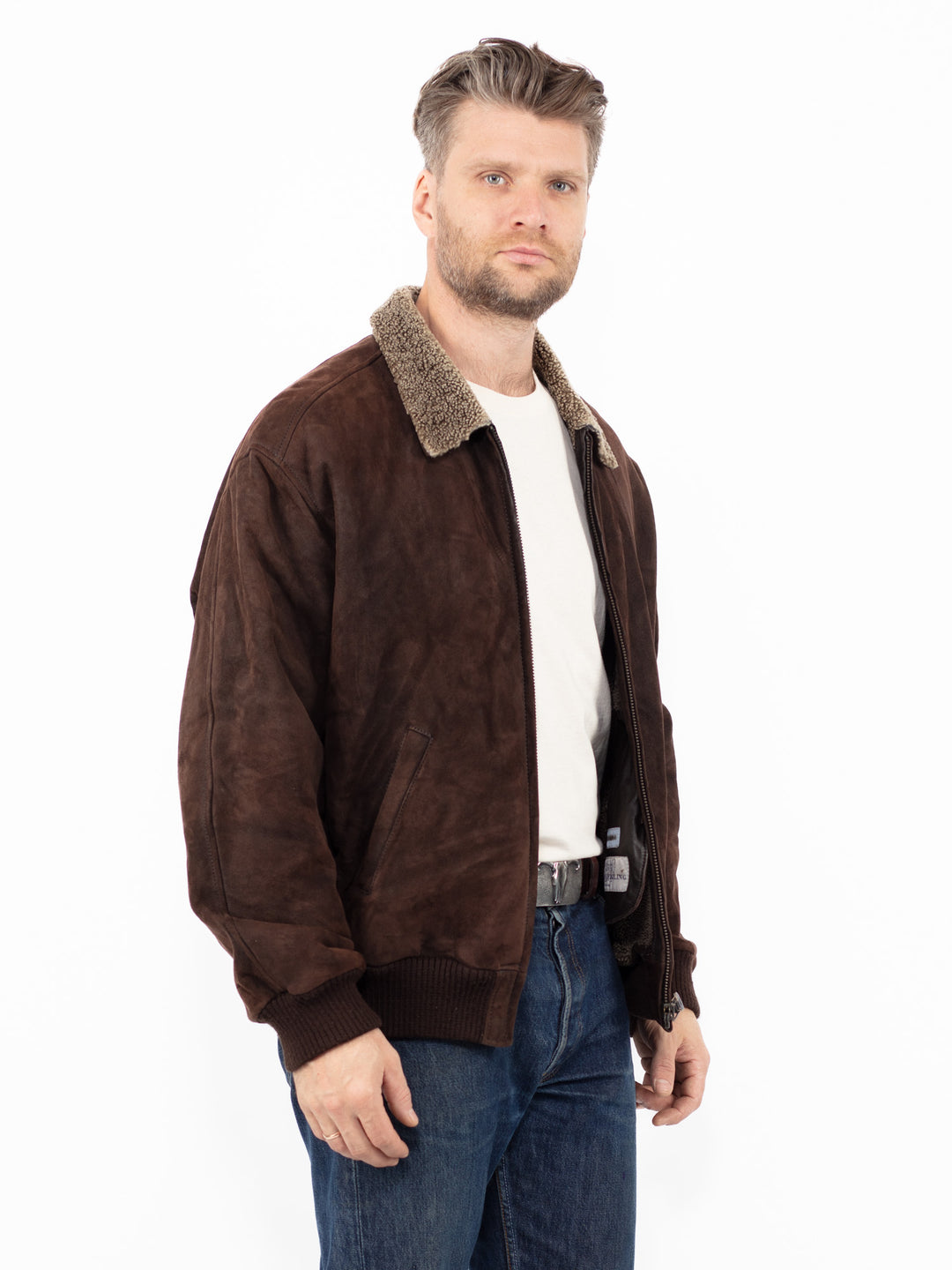 Vintage 90's Men Sheepskin Bomber Jacket in Brown