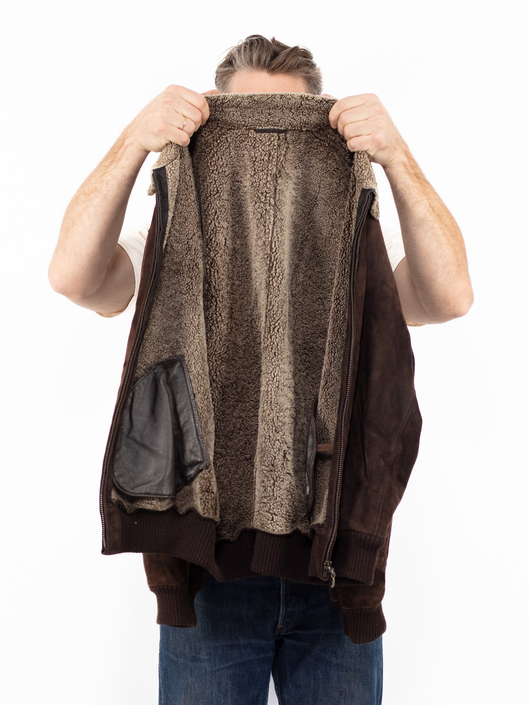 Vintage 90's Men Sheepskin Bomber Jacket in Brown