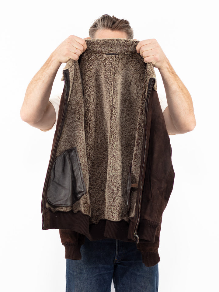 Vintage 90's Men Sheepskin Bomber Jacket in Brown
