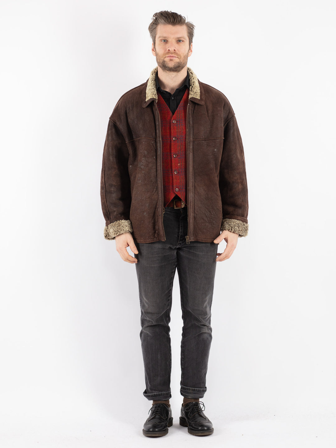 Vintage 90's Men Sheepskin Shearling Jacket in Brown