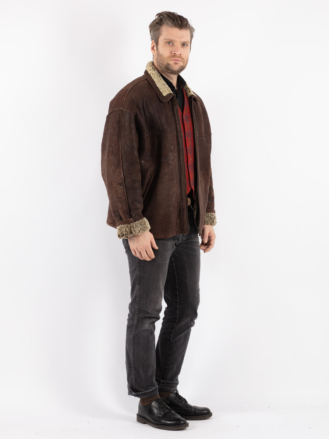 Vintage 90's Men Sheepskin Shearling Jacket in Brown
