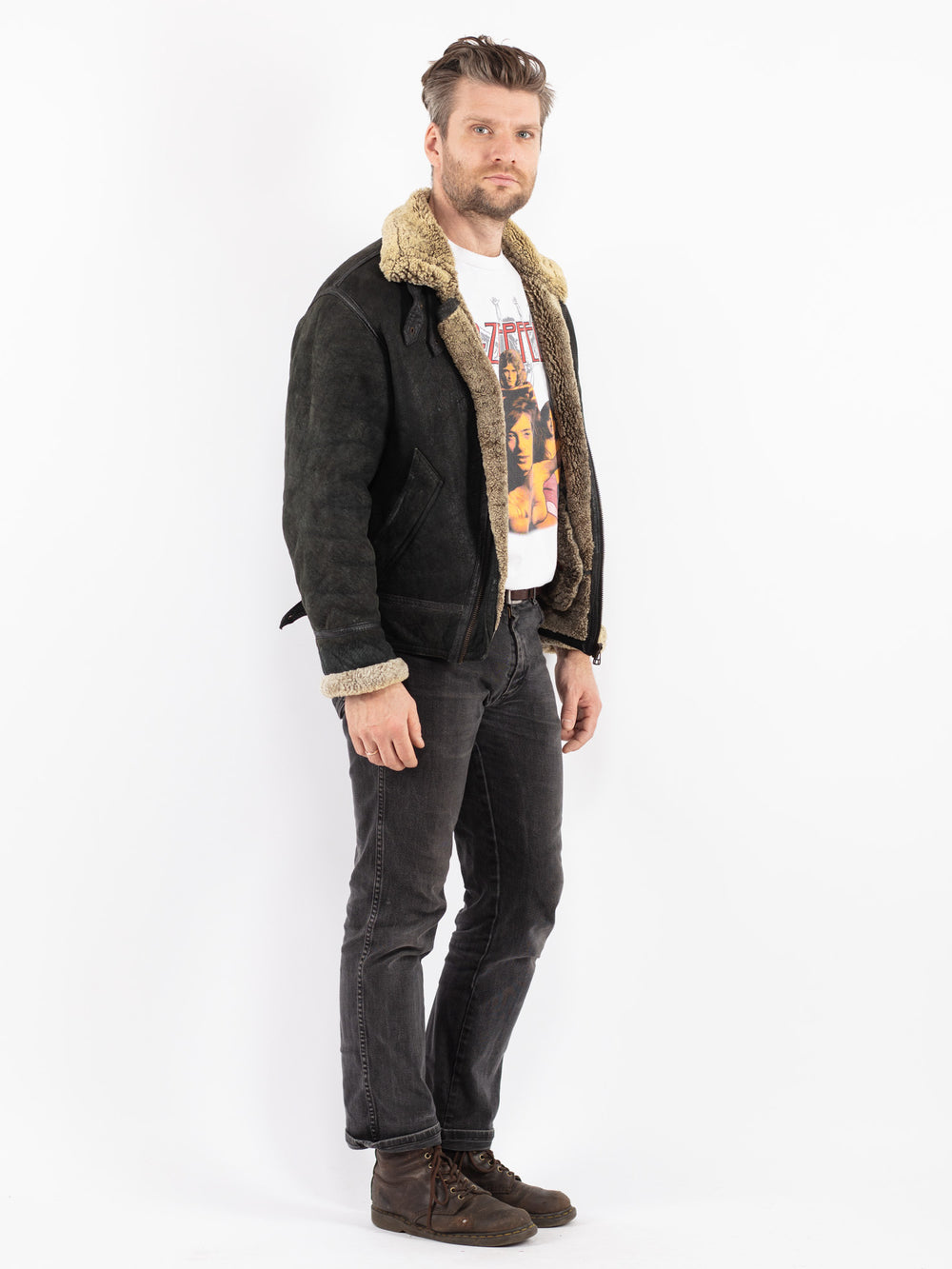 Vintage 90's Men Sheepskin Jacket in Black